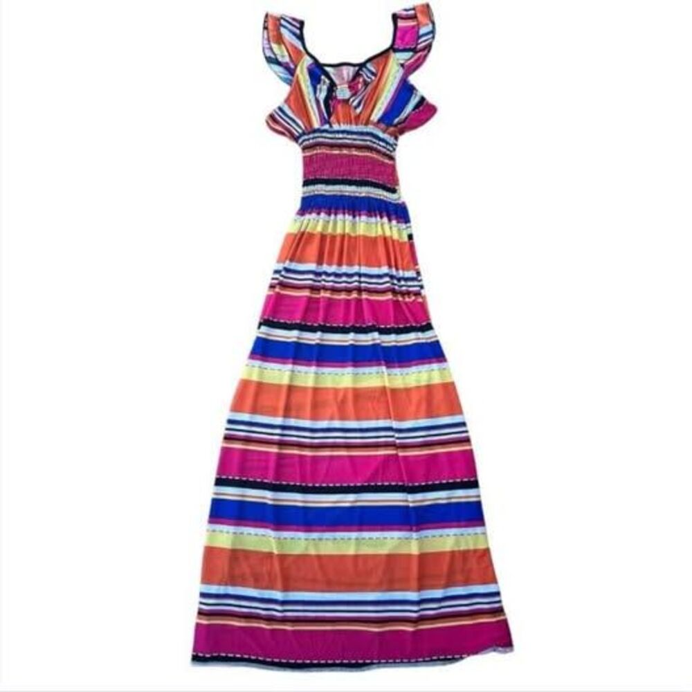 Striped Colorblock Maxi Dress Small Medium Cap Sleeve Jersey Festival Boho